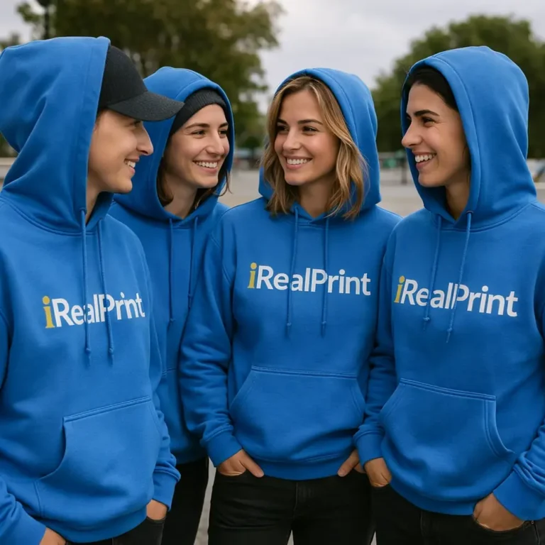 Grup de persoane purtând hanorace albastru regal personalizate, evidențiind unitatea echipei și vizibilitatea brandului