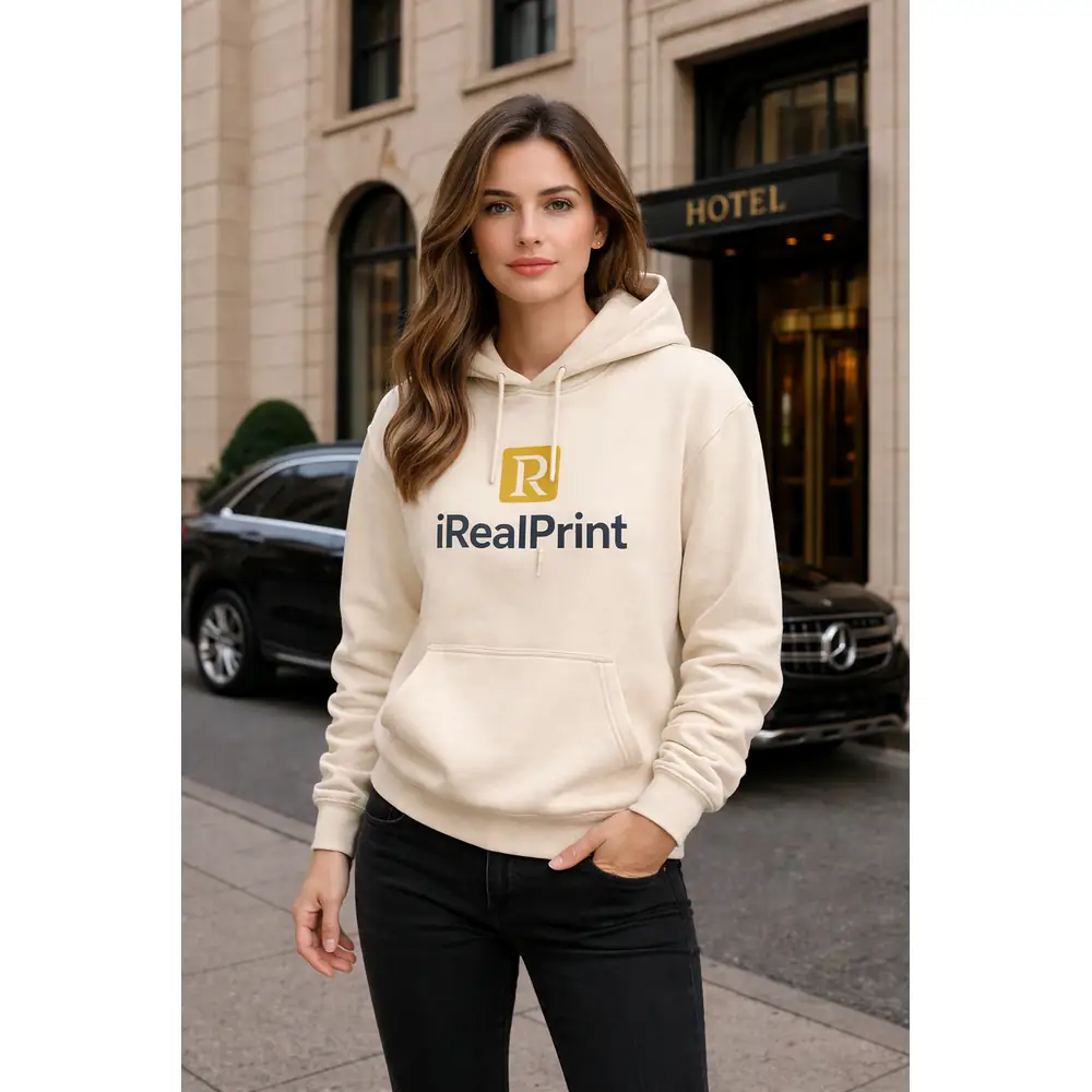 hanorac-dama-crem-nisip-elegant-urban-branding-premium-look-modern Model feminin purtând hanorac crem nisip personalizat iRealPrint într-un cadru urban elegant, stil premium și rafinat