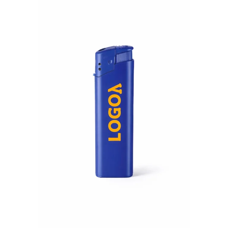 Brichetă simplă clasică personalizată albastru, prezentare produs pe fundal alb, brichetă promoțională corporate cu logo vizibil pentru branding stabil și profesional.