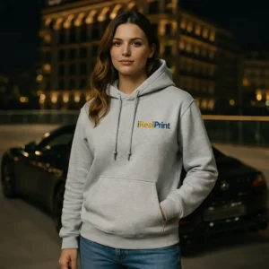 Model feminin purtând hanorac gri ash personalizat iRealPrint într-un cadru urban de seară, look modern și curat