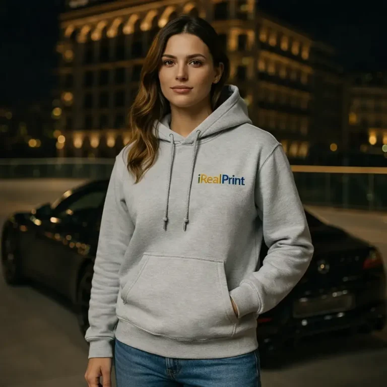 Model feminin purtând hanorac gri ash personalizat iRealPrint într-un cadru urban de seară, look modern și curat