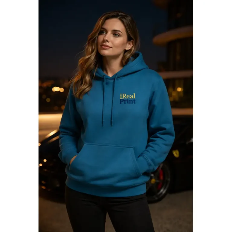 Model feminin purtând hanorac albastru sapphire personalizat iRealPrint în cadru urban de noapte, stil premium