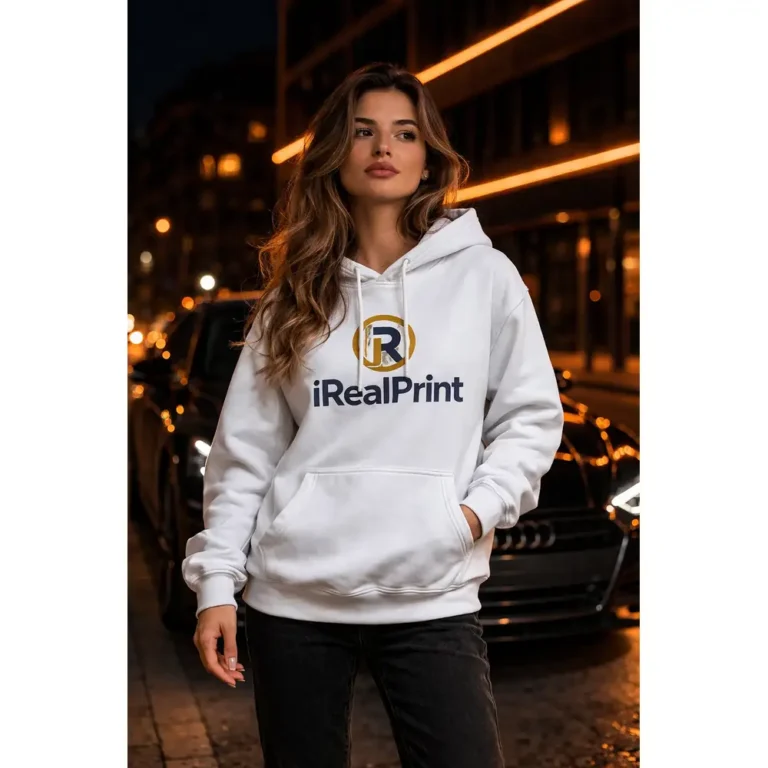 Model feminin purtând hanorac alb personalizat iRealPrint în cadru urban de noapte, stil modern și elegant