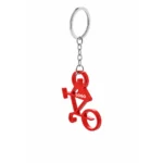 Breloc desfăcător de sticle în formă de bicicletă roșie personalizat, prins la chei în context auto, accesoriu promoțional cu impact vizual puternic