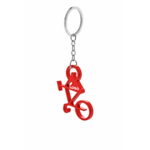 Breloc desfăcător de sticle în formă de bicicletă roșie personalizat, prins la chei în context auto, accesoriu promoțional cu impact vizual puternic