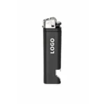 Brichetă tip BIC cu desfăcător personalizată negru, vedere frontală pe fundal neutru, produs promoțional 2 în 1 cu logo contrastant, ideal pentru branding corporate și HoReCa premium.