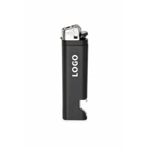 Brichetă tip BIC cu desfăcător personalizată negru, vedere frontală pe fundal neutru, produs promoțional 2 în 1 cu logo contrastant, ideal pentru branding corporate și HoReCa premium.