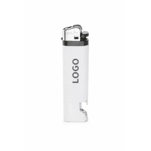 Brichetă tip BIC cu desfăcător personalizată alb, vedere frontală pe fundal neutru, brichetă promoțională 2 în 1 cu logo clar și contrast ridicat, ideală pentru HoReCa și campanii B2B.