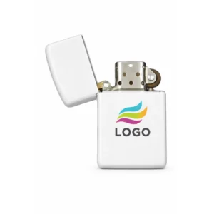 Brichetă tip Zippo personalizată cu logo imprimat pe metal, capac deschis și mecanism vizibil, produs premium pentru firme