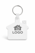 Breloc alb în formă de casă personalizat cu logo, imagine produs principal cu design curat pentru branding imobiliar profesional