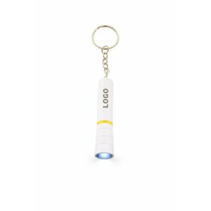 Breloc cu lanternă LED personalizat galben, prezentare produs principal pe fundal neutru, cu logo vizibil și design promoțional compact