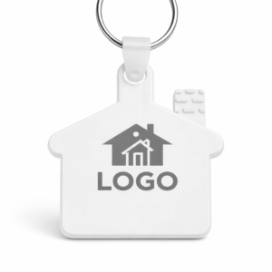Breloc alb în formă de casă personalizat cu logo, imagine produs principal cu design curat pentru branding imobiliar profesional