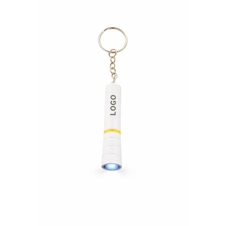 Breloc cu lanternă LED personalizat galben, prezentare produs principal pe fundal neutru, cu logo vizibil și design promoțional compact