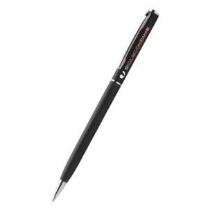 Prim-plan pix metalic slim negru personalizat cu logo, detaliu branding pe corpul pixului promoțional utilizat în mediul business