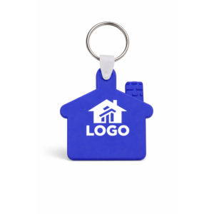 Breloc în formă de casă albastru personalizat cu logo, accesoriu promoțional pentru agenții imobiliare, fotografiat frontal pe fundal neutru