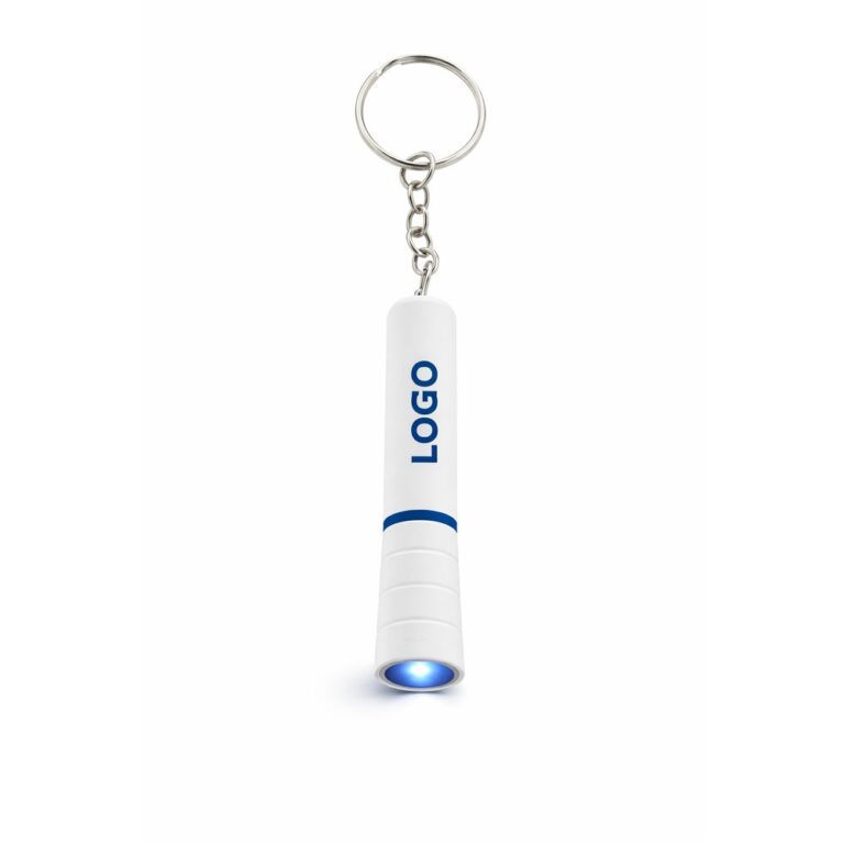 Breloc cu lanternă LED personalizat albastru, prezentare produs principal pe fundal neutru, logo vizibil și design promoțional profesional