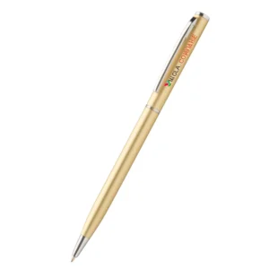 Pix metalic aluminiu personalizat slim auriu pe fundal neutru, imagine principală produs promoțional premium pentru branding corporate elegant