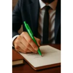 Pix bambus personalizat Foxy verde smarald utilizat pentru semnarea unui document în context business, pix eco promoțional cu logo pentru branding sustenabil
