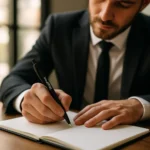 Pix bambus personalizat Foxy negru utilizat pentru scriere într-un carnet la birou, obiect promoțional eco pentru branding corporate.
