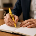Pix bambus personalizat Foxy galben utilizat pentru scriere într-un carnet pe birou, pix promoțional eco pentru branding vizibil și marketing sustenabil