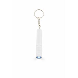 Mini lanternă LED albă personalizată tip breloc, fotografie de produs pe fundal neutru, design compact și branding vizibil