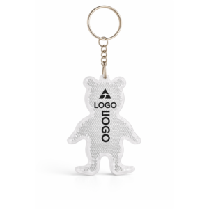 Breloc reflectorizant personalizat alb în formă de animal, imagine principală produs pe fundal neutru, accesoriu de siguranță rutieră cu logo vizibil