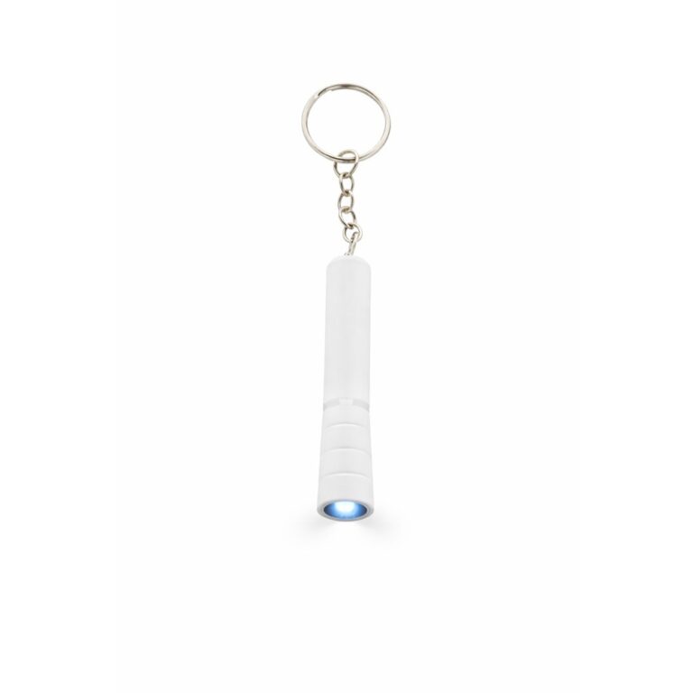 Mini lanternă LED albă personalizată tip breloc, fotografie de produs pe fundal neutru, design compact și branding vizibil