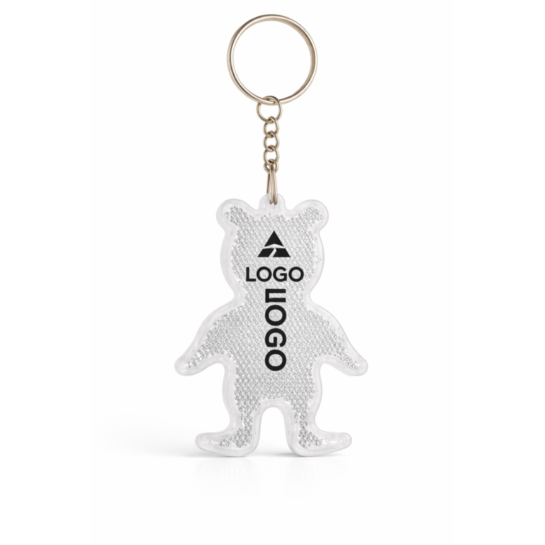 Breloc reflectorizant personalizat alb în formă de animal, imagine principală produs pe fundal neutru, accesoriu de siguranță rutieră cu logo vizibil