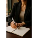 Pix bambus personalizat Foxy alb utilizat pentru scriere într-un carnet pe birou, pix promoțional eco pentru branding natural și utilizare zilnică
