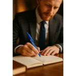 Pix bambus personalizat Foxy albastru navy utilizat pentru scriere într-un carnet în cadrul unei activități de birou, pix promoțional eco pentru branding corporate și utilizare zilnică