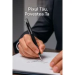 Pix metalic aluminiu personalizat Hello negru utilizat pentru scrierea notițelor într-un context profesional de birou, pix promoțional metalic elegant cu logo pentru branding corporate și utilizare zilnică