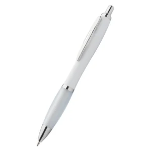 Pix plastic personalizat Elipse White alb prezentat din unghi pe fundal neutru, pix promoțional elegant pentru personalizare cu logo și branding profesional