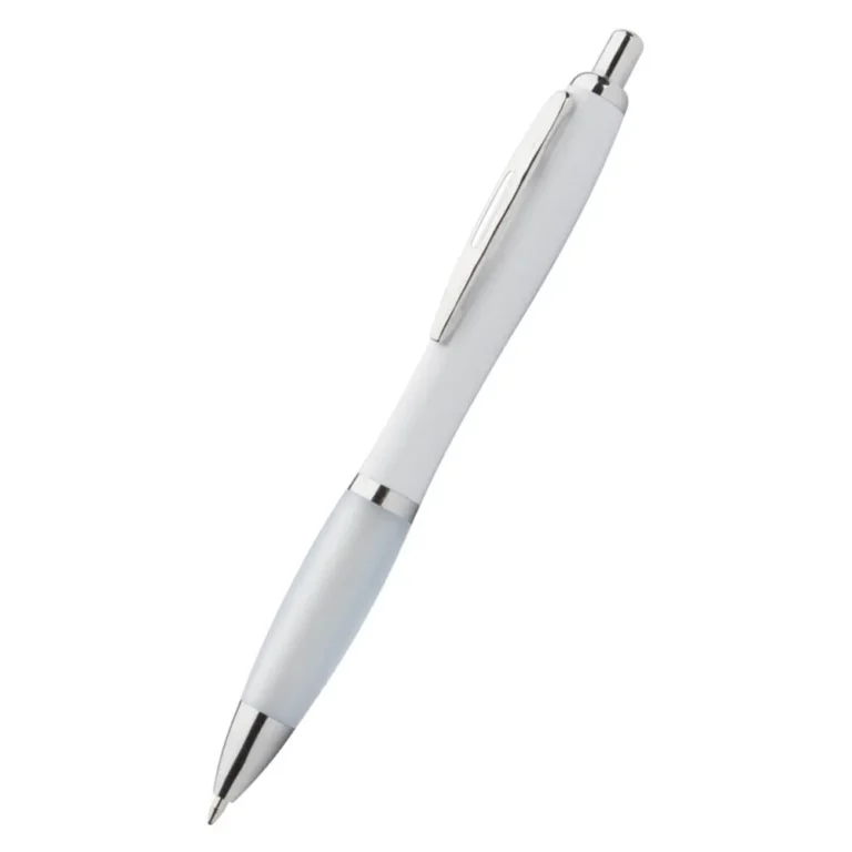 Pix plastic personalizat Elipse White alb prezentat din unghi pe fundal neutru, pix promoțional elegant pentru personalizare cu logo și branding profesional