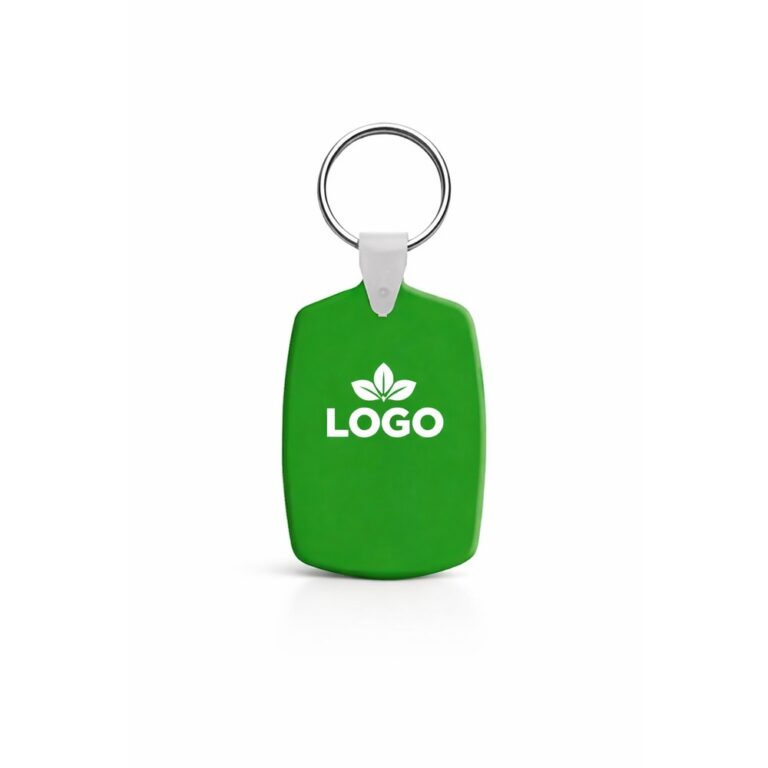 Breloc din plastic personalizat verde cu inel metalic și logo imprimat, accesoriu promoțional ușor pentru branding echilibrat și utilizare zilnică