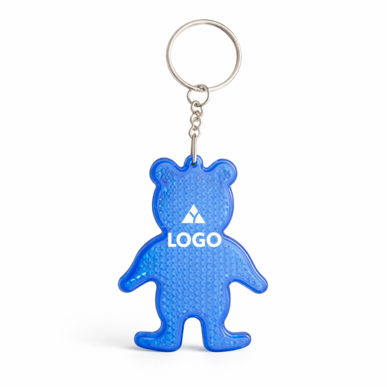 breloc reflectorizant personalizat albastru în formă de animal cu logo, accesoriu promoțional pentru siguranță rutieră și vizibilitate zilnică