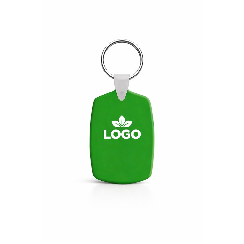 breloc-plastic-personalizat-verde-inel-metalic-logo-promo Breloc din plastic personalizat verde cu inel metalic și logo imprimat, accesoriu promoțional ușor pentru branding echilibrat și utilizare zilnică