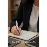 Pix plastic personalizat Elipse White mov folosit pentru scriere într-o agendă la birou, obiect promoțional elegant pentru branding creativ și vizibilitate profesională