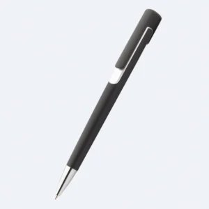 Pix plastic personalizat Nuba Black argintiu prezentat pe fundal alb, pix promoțional elegant pentru branding corporate și personalizare profesională cu logo