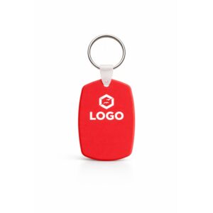 Breloc din plastic personalizat roșu cu inel metalic pentru chei și logo imprimat, accesoriu promoțional cu impact vizual puternic pe fundal neutru