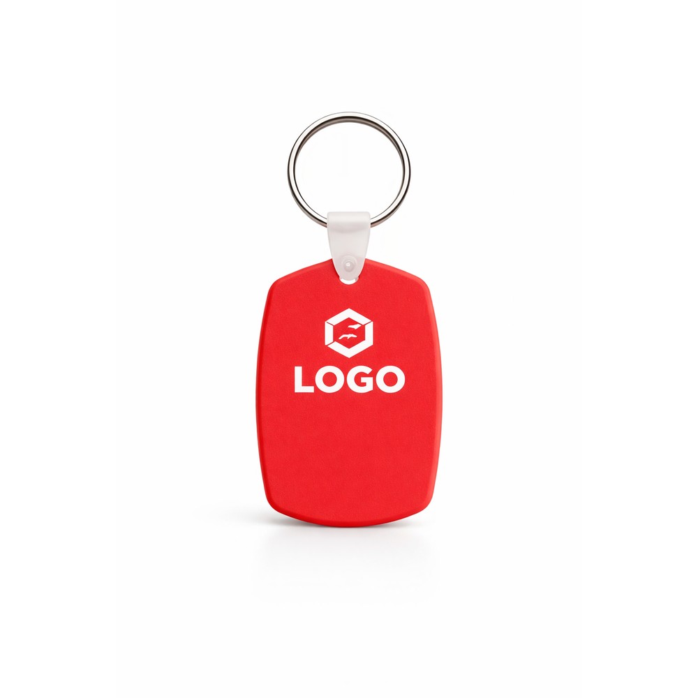 breloc-plastic-personalizat-inel-metalic-rosu-logo-fundal-neutru Breloc din plastic personalizat roșu cu inel metalic pentru chei și logo imprimat, accesoriu promoțional cu impact vizual puternic pe fundal neutru