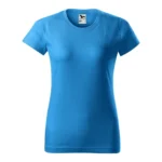 Tricou damă personalizat albastru prezentat frontal pe fundal neutru, croială feminină elegantă și material bumbac confortabil ideal pentru personalizare