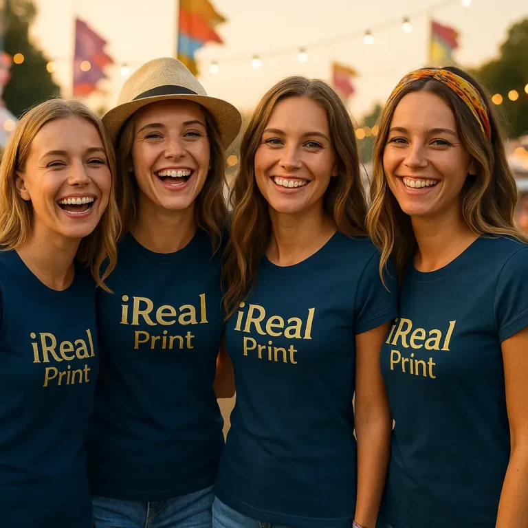 Grup de femei purtând tricouri damă personalizate albastru navy la eveniment outdoor, exemplu de utilizare pentru echipe, festivaluri sau branding vizibil