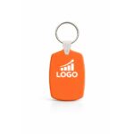 Breloc din plastic personalizat portocaliu cu inel metalic pentru chei, accesoriu promoțional vizibil cu logo printat color și design simplu pentru branding eficient