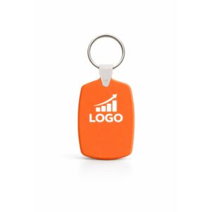 Breloc din plastic personalizat portocaliu cu inel metalic pentru chei, accesoriu promoțional vizibil cu logo printat color și design simplu pentru branding eficient