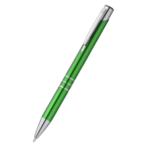 Pix metalic aluminiu personalizat Hello verde prezentat ca produs principal pe fundal neutru, pix promoțional metalic elegant pentru branding profesional și campanii corporate