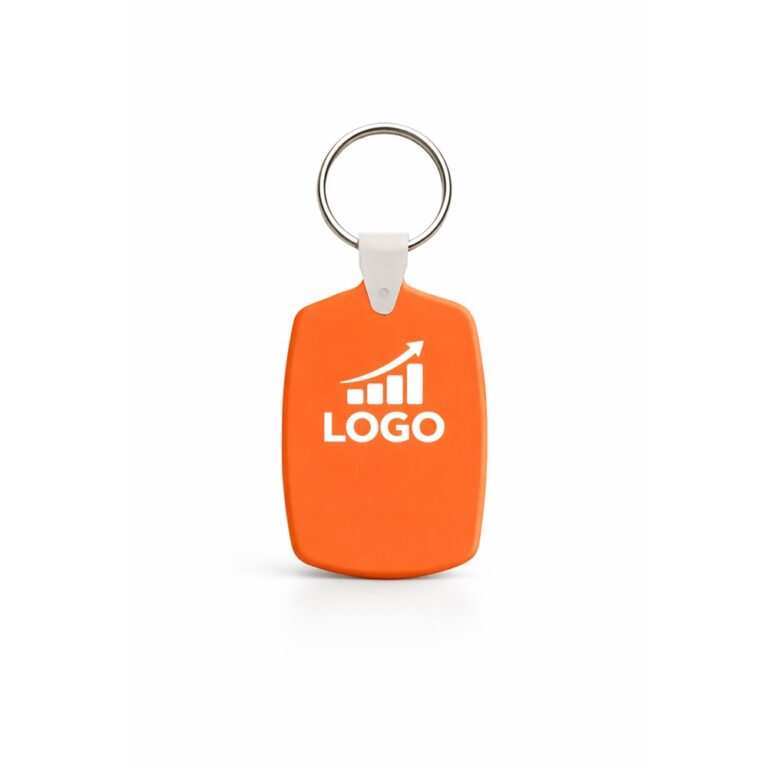 Breloc din plastic personalizat portocaliu cu inel metalic pentru chei, accesoriu promoțional vizibil cu logo printat color și design simplu pentru branding eficient