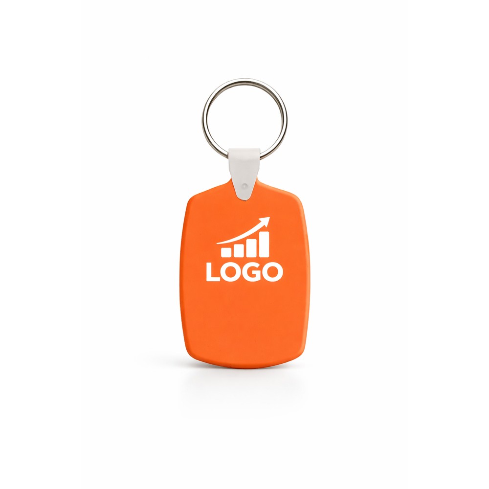 breloc-plastic-personalizat-inel-metalic-portocaliu-logo-print-color Breloc din plastic personalizat portocaliu cu inel metalic pentru chei, accesoriu promoțional vizibil cu logo printat color și design simplu pentru branding eficient