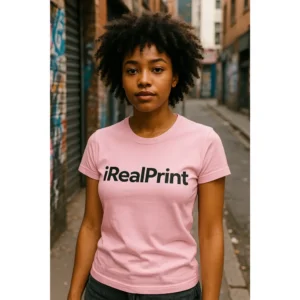 Model feminin purtând tricou damă personalizat roz cu logo iRealPrint într-un decor urban pe stradă, stil casual modern