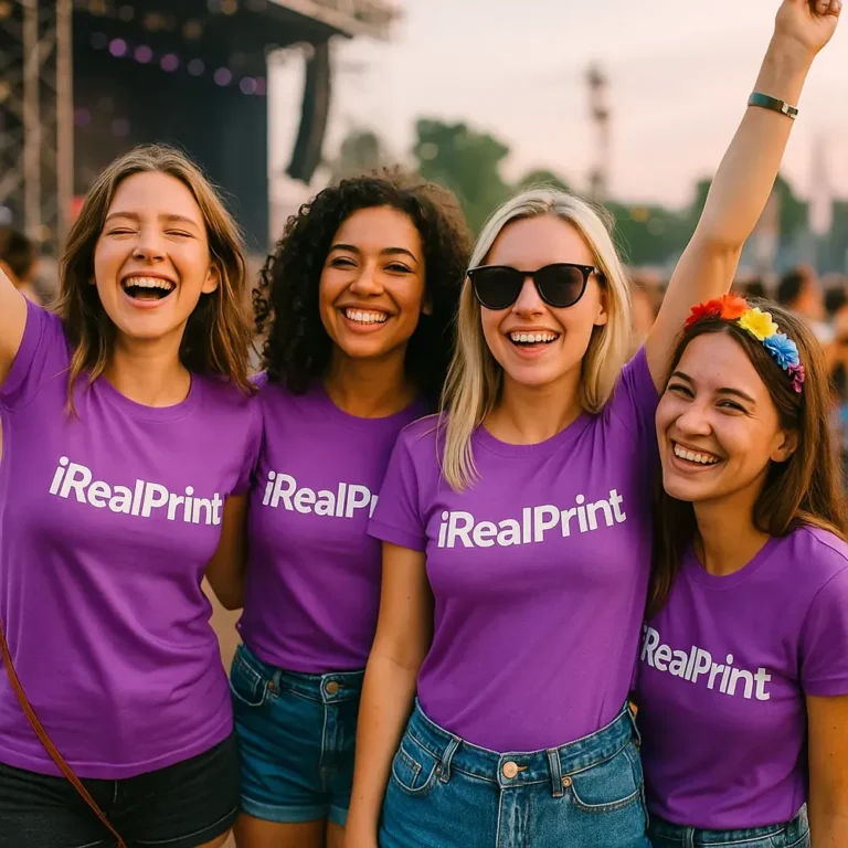 Grup de prietene purtând tricouri damă personalizate mov cu logo iRealPrint la un festival în aer liber, exemplu de utilizare lifestyle
