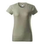 Tricou damă personalizat kaki deschis prezentat frontal pe fundal neutru pentru evidențierea croielii feminine și a suprafeței de personalizare